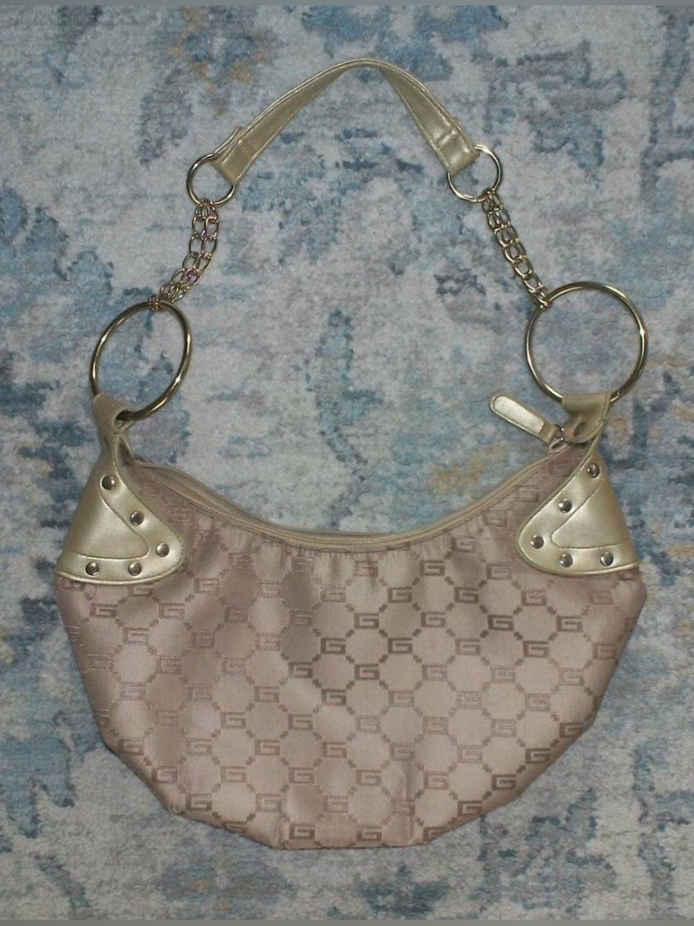 DEADSTOCK Y2K Vintage Guess Gold-Tone Monogram Hobo Bag w Chain Accents
